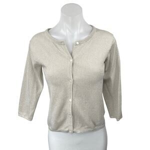 Nice Thing Mini Beige Metallic 3/4 Sleeve Button Crop Cardigan Sweater Top Sz 14